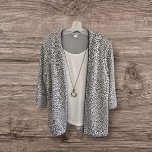 Leopard Print Open-Front Blouse Cardigan with White Tank